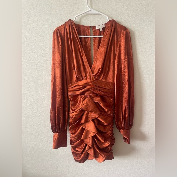 Ronny Kobo Carissa brownish orange jacquard ruffle deep v mini dress - Picture 2 of 5